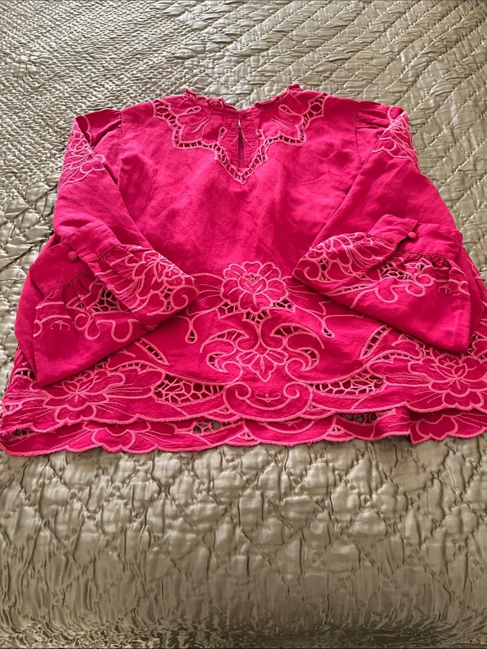 Anthropologie Fuchsia Pink Embroidered Long-Sleeve Blouse Size 14-16.